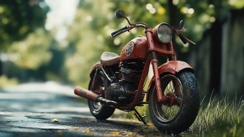 Weathered red motorcycle stands on wet roadside in daylight