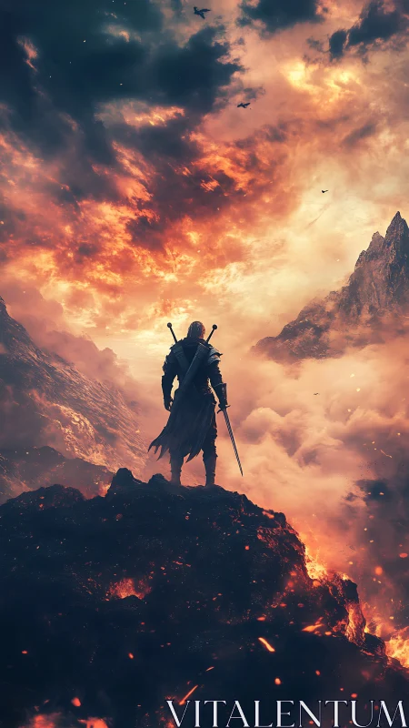 Lone warrior quietly surveys a blazing, dreamlike sky