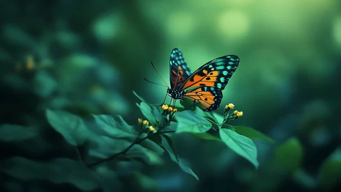 Shallow-depth macro isolates vivid orange butterfly on green foliage