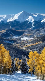 Snowy mountain valley with vivid autumn aspen forest below.