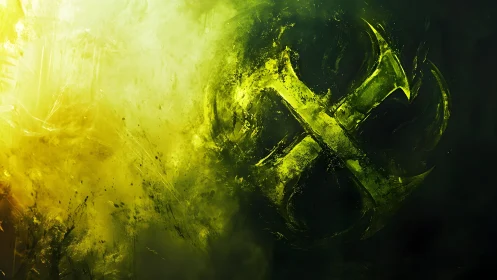 Abstract glowing double axe emblem in green and yellow digital art.