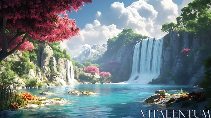 Luminous turquoise lagoon beneath twin cascading waterfalls.