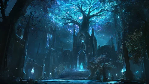 Luminous world tree crowns gothic cathedral under moonlit sky