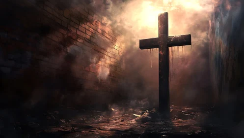 Rusted cross stands in smoky alley under harsh backlight