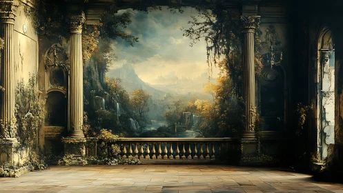 Sunlit ruins opening onto a misty, dreamlike valley vista.