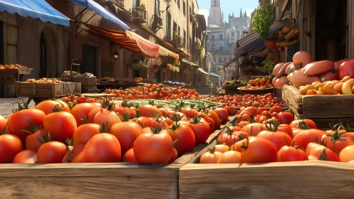 Sunlit tomato stalls brightening a cozy old town market.