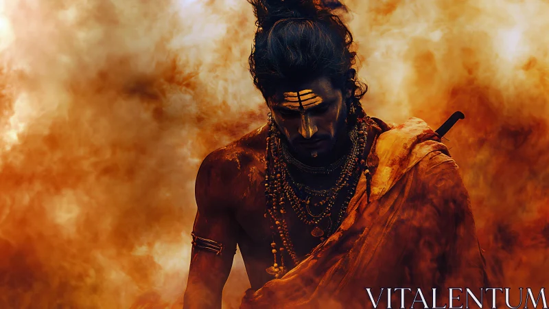 Warrior ascetic stands in swirling orange smoke and fire.