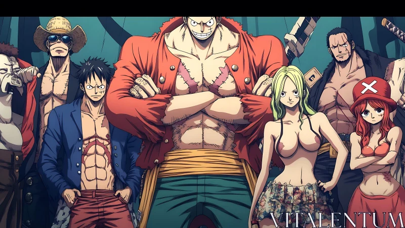 Anime pirate crew lineup with bold central captain focus.