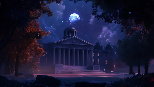 Moonlit academy under violet skies and dreaming trees.