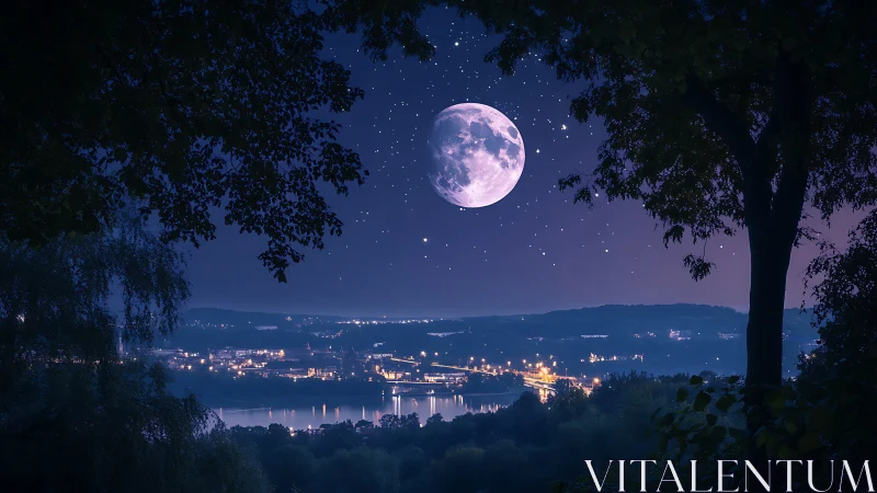 Full moon appears above illuminated riverside city at night