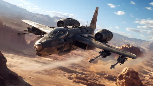 Futuristic gunship roars low over sunlit desert canyonscape.