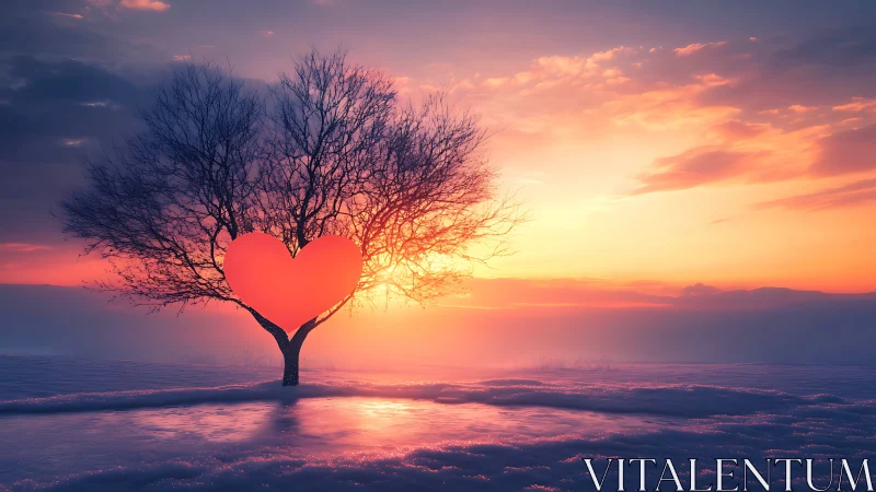 Heart-Shaped Tree Against Radiant Sunset Sky.