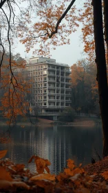 Lakeside apartments wrapped in soft, golden autumn calm.