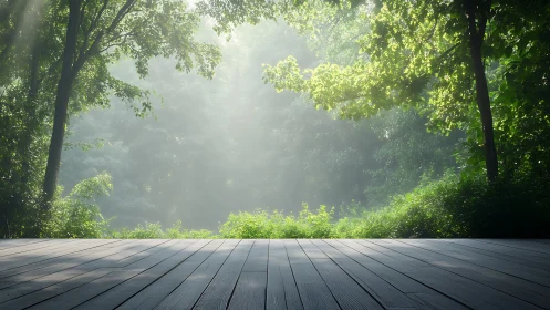 Elevated wooden platform overlooking dense misty forest canopy.