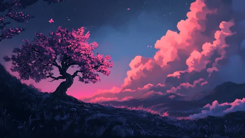 Lonely pink blossom tree under glowing twilight sky.