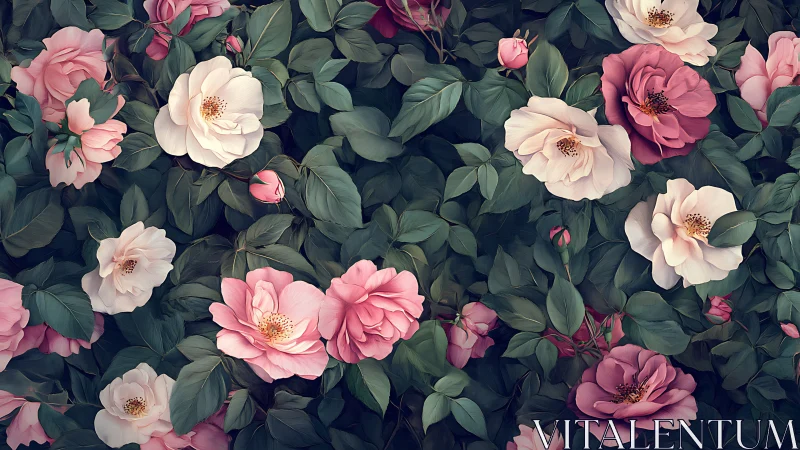 Garden Secrets: Blooming Pink and White Roses.