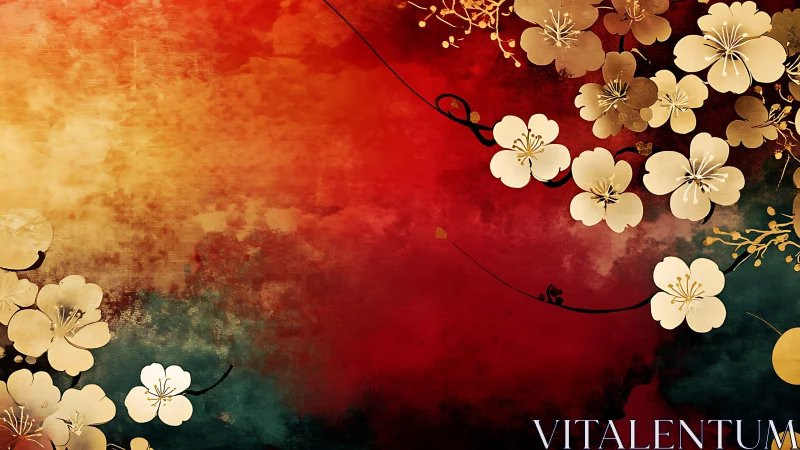 Oriental Floral Composition Against Red and Gold Gradient Background.