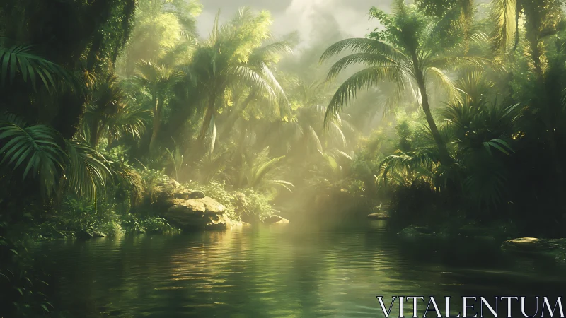 Mist-laden tropical river canopy bathed in ethereal golden sunlight.