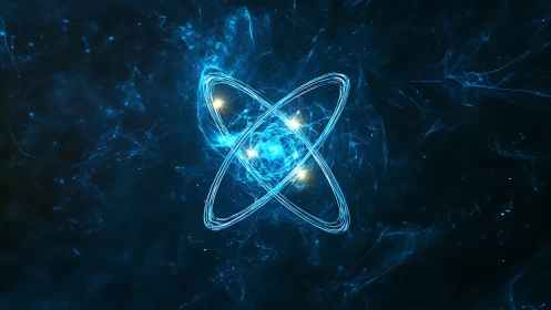 Glowing atomic orbitals in electric blue energy field.