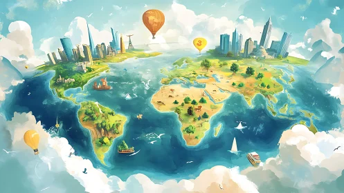 Stylized world map with floating continents and urban skylines