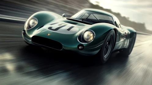 Vintage green race car powers through wet high-speed circuit.