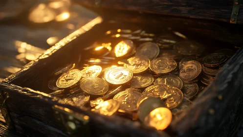 Sunlit treasure chest glowing with golden adventure coins.