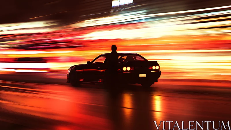 Neon motion-study of sports car silhouette in urban nightscape.