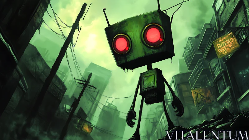 Rusty-eyed street robot quietly patrols a neon wasteland