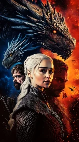 Fantasy rulers and dragons against split fiery sky.