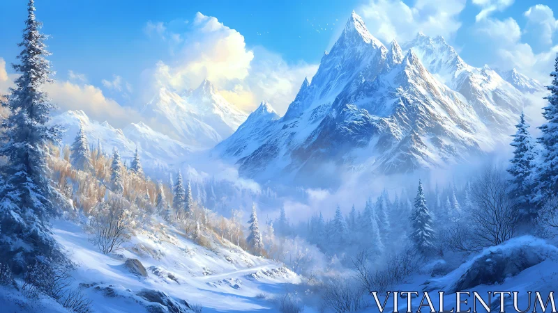 Snowbound sky-temple peaks crown a glowing winter valley.