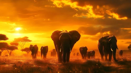Elephant herd crosses glowing savanna beneath blazing sunset.