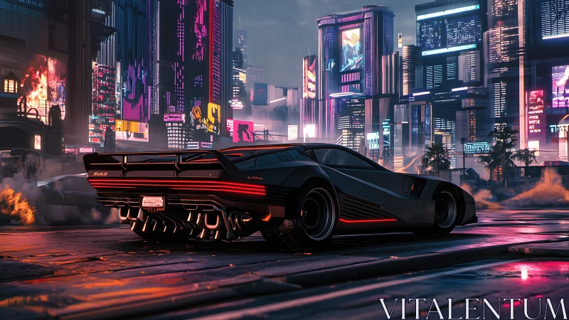 Futuristic sports car on wet street in neon cityscape at dusk.