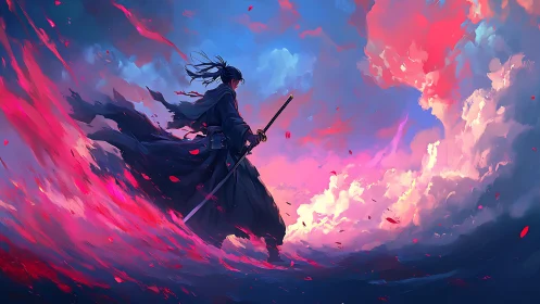 Solitary swordsman stands against abstract red and blue clouds