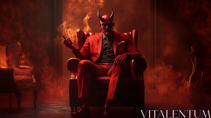 Demonic figure in red suit seated amid infernal flames.