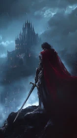 Armored swordsman overlooking gothic citadel in moonlit fog