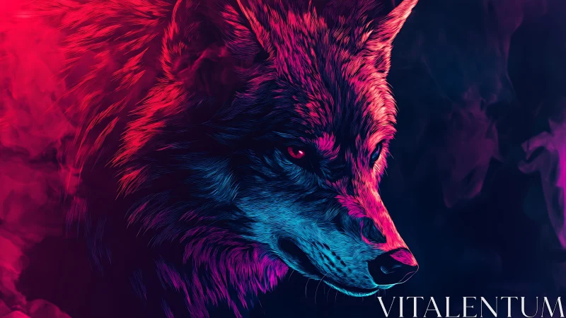 Neon wolf portrait glows under dual magenta cyan light.