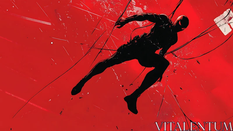 Silhouetted figure suspended against fragmented red field.