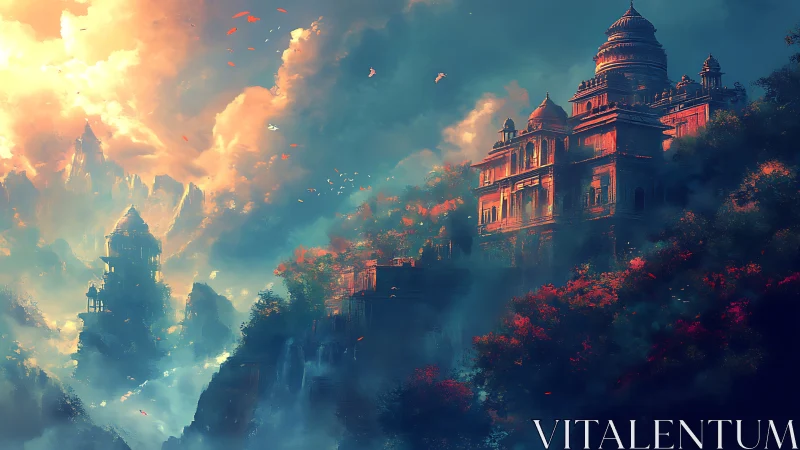 Sunlit sky-palace leans into stormy clouds above misted cliffs