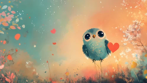 Sky-bright lovebird drifting through pastel heart breezes.