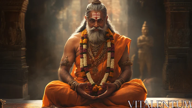 Meditative Hindu sage in orange robes under temple shaft light.