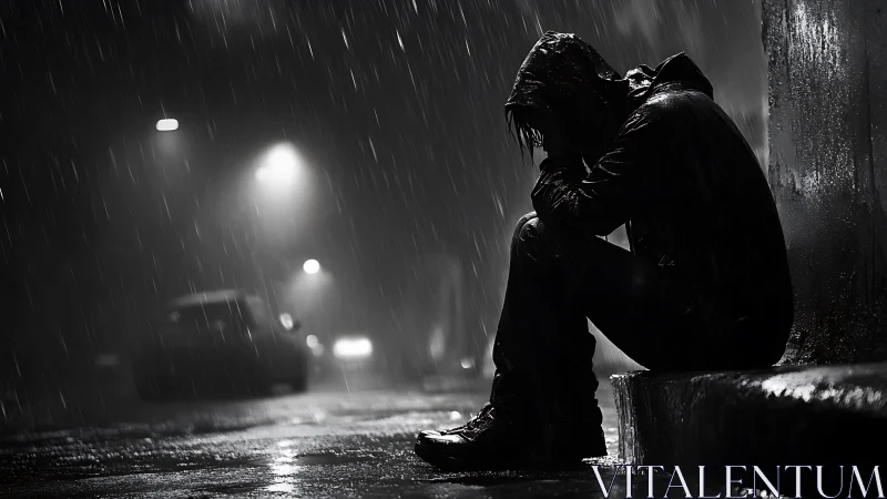 Solitary hooded figure in heavy rain on deserted city street.