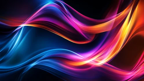 Colorful flowing light waves on dark abstract background.