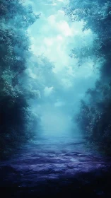 Luminous Forest Canopy Over Flowing Water with Celestial Sky