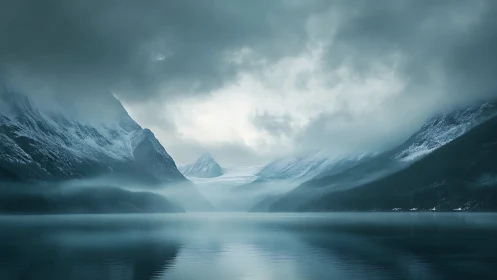 Snowy fjord valley under low clouds and calm water.