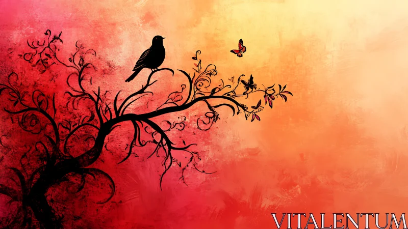 Silhouetted songbird and butterflies on ornate branch against gradient