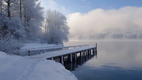 Snow covered lakeside pier extending into calm winter water.