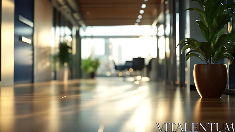 Office corridor shows potted plants and sunlit wood floor