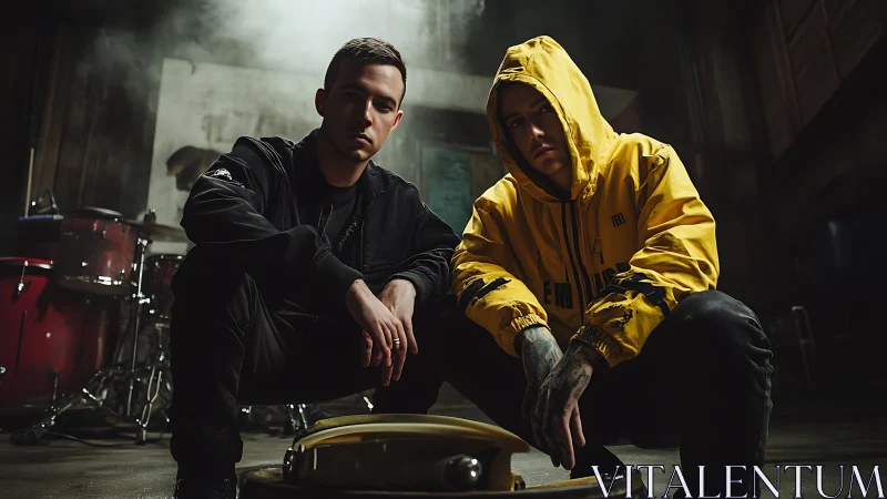 Urban duo in moody low key studio with drum kit backdrop.