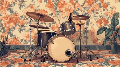 Drum kit stands centered in floral patterned interior room
