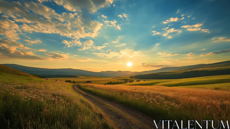 Sun sets over rural dirt road and layered grassy hills